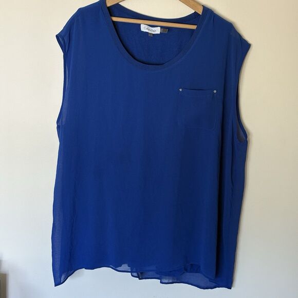 Calvin Klein Royal Regatta Blue Chiffon Overlay Short Sleeve Top 1X Plus - Picture 2 of 7